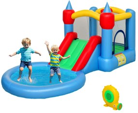 AIYAPLAY Castel gonflabil 4 în 1 cu tobogan, coș de baschet, piscină cu bile, ventilator 370W, 415 x 205 x 190 cm | Aosom Romania