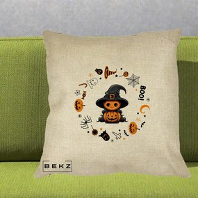 Perna Decorativa Halloween Dovleac Vrajitor Boo cu Simboluri, 40x40 cm, Crem, Husa Detasabila, Perna Inclusa, BEKZ®