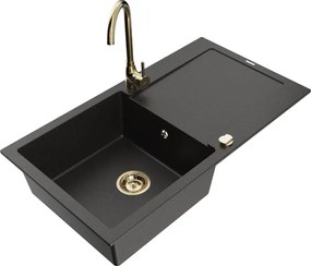 Mexen Leo chiuvetă de granit cu 1 compartiment, cu scurgător și baterie de bucătărie Telma, negru/auriu metalic