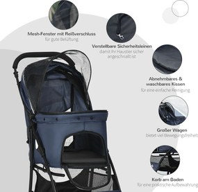 PawHut cărucior pentru câini, pliabil, 1 coș, 1 pernă, 1 buzunar lateral, 81 cm x 48 cm x 99 cm, gri | Aosom Romania