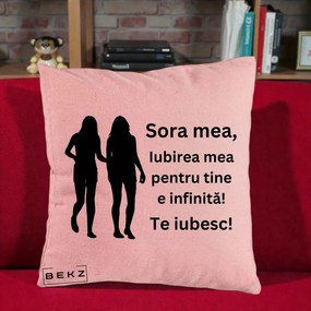 Cadou pentru Sora - Perna Personalizata Sora Mea Te Iubesc Siluete Negre Tinand Maini, 40x40 cm, Roz, Husa Detasabila, Perna Inclusa, BEKZ®