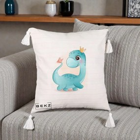 Perna Personalizata Dinozaur Bland Coroana Kawaii, 40x40 cm, Bej cu Franjuri, Husa Detasabila, Perna Inclusa, BEKZ®