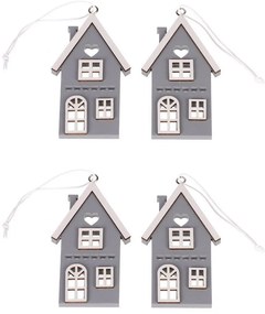 Căsuță suspendată din lemn, gri, înălțime 9 cm, SET DE 4 PIESE