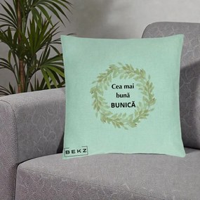 Cadou pentru Bunica - Perna Personalizata Cea Mai Buna Bunica Coronita Frunze Acuarela, 40x40 cm, Verde Menta, Husa Detasabila, Perna Inclusa, BEKZ®