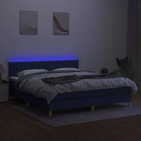 Pat cu arcuri, saltea si LED, albastru, 180x200 cm, textil Albastru, 180 x 200 cm, Benzi verticale