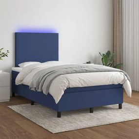 Pat cu arcuri, saltea si LED, albastru, 120x200 cm, textil Albastru, 120 x 200 cm, Design simplu