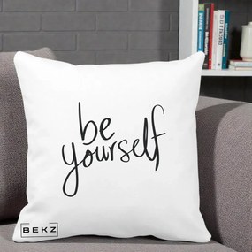 Perna Decorativa Be Yourself Caligrafie Neagra, 40x40 cm, Alba Mata, Husa Detasabila, Perna Inclusa, BEKZ®