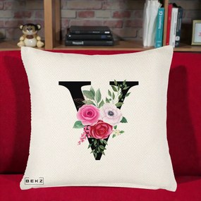 Cadou Personalizat - Perna Personalizata Monograma Florala Litera V cu Buchet, 40x40 cm, Crem Reliefat, Husa Detasabila, Perna Inclusa, BEKZ®