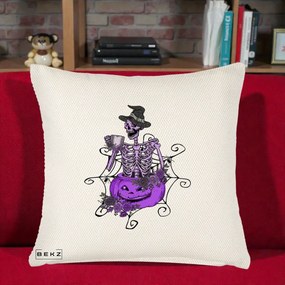 Perna Decorativa Schelet Vrajitor cu Dovleac Violet Halloween, 40x40 cm, Crem Reliefat, Husa Detasabila, Perna Inclusa, BEKZ®