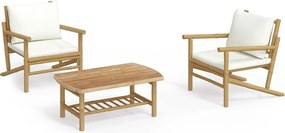 vidaXL Set mobilier de grădină, cu perne alb crem, 3 piese, bambus