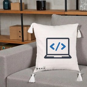 Perna Personalizata Laptop Cod HTML, 40x40 cm, Bej cu Franjuri, Husa Detasabila, Perna Inclusa, BEKZ®