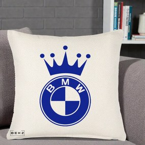 Perna Personalizata cu emblema BMW si Coroana, 40x40 cm, Crem Reliefat, Husa Detasabila, Perna Inclusa, BEKZ®