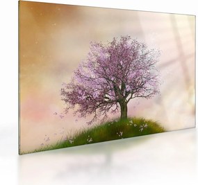 Tablou pe sticlă - Copacul înflorit în deal (70x50 cm)
