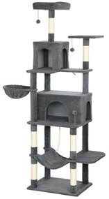 PawHut Arborele pentru Pisici mare, 202 cm, cu 6 Stâlpi de Zgâriat, 2 Hamace, 2 Stinghii, 2 Pompoane, Gri inchis | Aosom Romania
