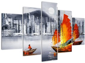 Tablou - Victoria Harbour, Hong Kong, pictură în ulei alb- negru (150x105 cm)