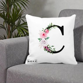 Cadou Personalizat - Perna Personalizata Monograma Florala Litera C, 40x40 cm, Alba Mata, Husa Detasabila, Perna Inclusa, BEKZ®