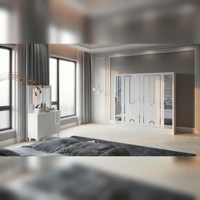 Dormitor Carolina, sifonier, comoda, noptiera, pat cu lada Homs, alb, 220x210x50 cm