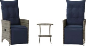 vidaXL Set bistro 3 piese cu perne, gri, poliratan