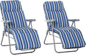 Outsunny Set de 2 Șezlonguri de Grădină Pliabile, Șezlonguri cu Spătar Reglabil pe 5 Nivele, Perne, Cotiere, din Oțel și Poliester, pentru Exterior, Terasă, Albastru și Crem | Aosom Romania