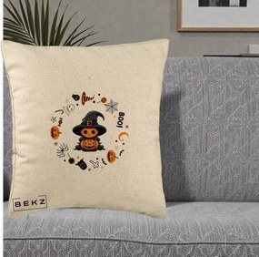 Perna Decorativa Halloween Dovleac Vrajitor Boo cu Simboluri, 40x40 cm, Bej, Husa Detasabila, Perna Inclusa, BEKZ®