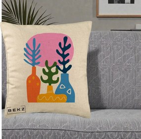Perna Decorativa Vaze Botanice Abstract, 40x40 cm, Bej, Husa Detasabila, Perna Inclusa, BEKZ®