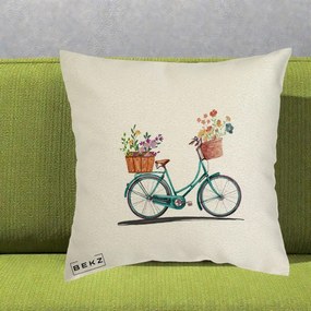 Perna Decorativa Bicicleta Florala Turcoaz Acuarela, 40x40 cm, Ecru, Husa Detasabila, Perna Inclusa, BEKZ®