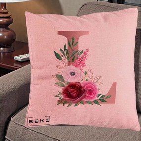 Cadou Personalizat - Perna Personalizata Monograma Rose Gold Litera L, 40x40 cm, Roz, Husa Detasabila, Perna Inclusa, BEKZ®