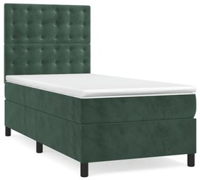 Pat box spring cu saltea, verde inchis, 90x190 cm, catifea Verde inchis, 90 x 190 cm, Nasturi de tapiterie