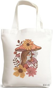 Sacosa de Panza pentru Cumparaturi, Geanta Tote Colorful Mushrooms 10, 38x34.5 cm, Alba, BEKZ®