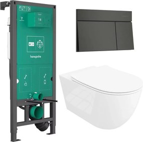 Rezervor incastrat Hansgrohe iFrame 112 cm cu clapeta iFrame Element E negru periat plus vas WC Rune Ivaldi Grande alb cu capac softclose