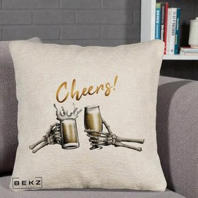 Perna Decorativa Halloween Cheers Schelete cu Bere, 40x40 cm, Bej Canapea, Husa Detasabila, Perna Inclusa, BEKZ®