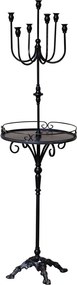 Măsuță laterală înaltă din metal, negru, cu sfeșnic cu 7 brațe, tavă rotundă și bază turnată, finisaj antichizat, 148 x 42 cm, „Perla”