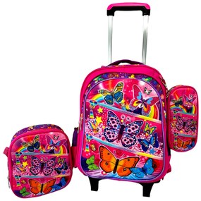 Set 3 piese Ghiozdan pentru scoala cu troler detasabil, cu borseta si penar, 41 x 30 x 23 cm, 3 comp