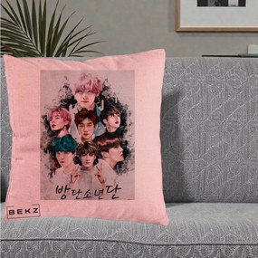 Perna Personalizata K-pop BTS Bangtan Boys Poster Artistic Negru Alb, 40x40 cm, Roz, Husa Detasabila, Perna Inclusa, BEKZ®