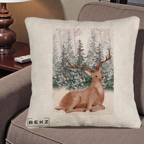 Perna Decorativa Ren in Padure Roz Moale, 40x40 cm, Bej Canapea, Husa Detasabila, Perna Inclusa, BEKZ®