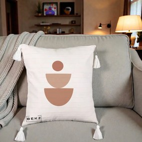 Perna Decorativa Geometric Boho Semicerc Stivuit, 40x40 cm, Bej cu Franjuri, Husa Detasabila, Perna Inclusa, BEKZ®