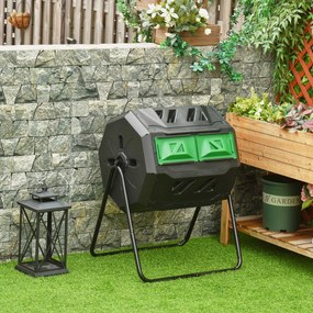 Outsunny Compostor cu 2 Behăuri, Capacitate de 160L, rotativ, 71cm x 65cm x 96cm, Verde + Negru | Aosom Romania
