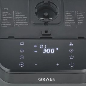 Masina de facut paine Graef BA806, 520 W, 500–750 g, 36 de programe, Strat antiaderent, 3 trepte de rumenire, Temporizator cu pornire intarziata, Negru