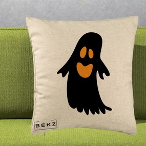 Perna Decorativa Halloween Fantoma Neagra cu Ochi Portocalii, 40x40 cm, Bej, Husa Detasabila, Perna Inclusa, BEKZ®