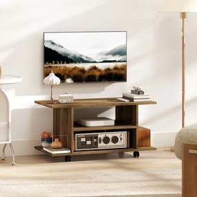 HOMCOM Suport TV Modern cu Rafturi, Roți Pivotante și Frâne, 80x40x40 cm, Nuc | Aosom Romania