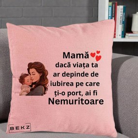 Cadou pentru Mama - Perna Personalizata Mama Nemuritoare cu Bebelus Lineart, 40x40 cm, Roz, Husa Detasabila, Perna Inclusa, BEKZ®