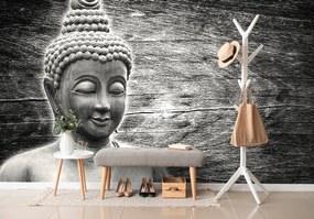 Tapet statuie Budha pe fundalul din lemn în alb-negru