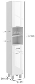kleankin Mobilier pentru Baie cu 1 Sertar 3 Rafturi Ajustabile și 2 Dulapuri, 30x30x180 cm, Alb Lucios | Aosom Romania