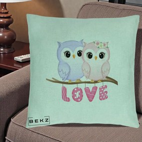 Perna Decorativa Love Bufnite Indragostite pe Crenguta Roz si Mov, 40x40 cm, Verde Menta, Husa Detasabila, Perna Inclusa, BEKZ®