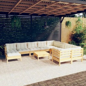 3097037 vidaXL Set mobilier grădină cu perne crem, 11 piese, lemn de pin