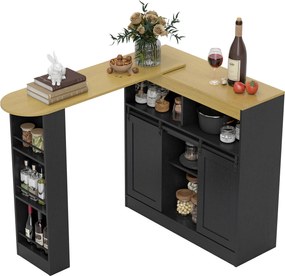 HOMCOM Masă de bar extensibilă, transformabilă în formă în L, mult spațiu de depozitare, 3 rafturi reglabile, PAL, MDF, Negru | Aosom Romania