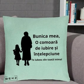 Cadou pentru Bunica - Perna Personalizata Bunica Mea Comoara Iubire Intelepciune Silueta, 40x40 cm, Verde Menta, Husa Detasabila, Perna Inclusa, BEKZ®