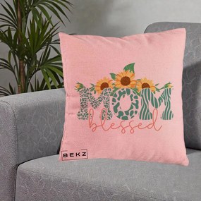 Cadou pentru Mama - Perna Personalizata Mom Blessed cu Floarea Soarelui Animal Print Teal, 40x40 cm, Roz, Husa Detasabila, Perna Inclusa, BEKZ®
