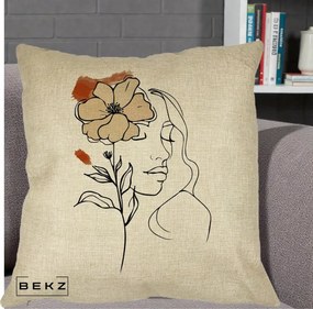 Perna Decorativa Portret Feminin Floare Bej Terracotta, 40x40 cm, Crem, Husa Detasabila, Perna Inclusa, BEKZ®