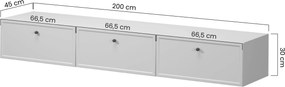 Comodă TV suspendată Lorini 200 cm cu sertare - cașmir / mânere aurii T-bar